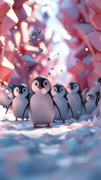 Craft a pixel art image of a group of curious penguins from a low angle perspective, set against a geometric backdrop for a modern twist