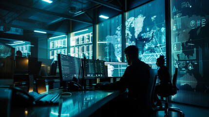 Cybersecurity professionals conduct a cyber attack simulation in a high-tech control room illuminated by natural light from windows. , natural light, soft shadows, with copy space
