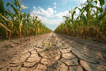 Dried cornfield field with cracked soil.