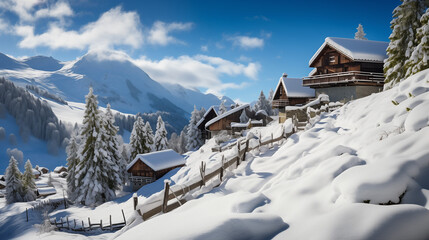 Un village de montagne pittoresque, niché au creux des sommets enneigés, avec des chalets en bois aux toits recouverts de neige, des fumées s'échappant des cheminées, et des sapins couverts de flocons