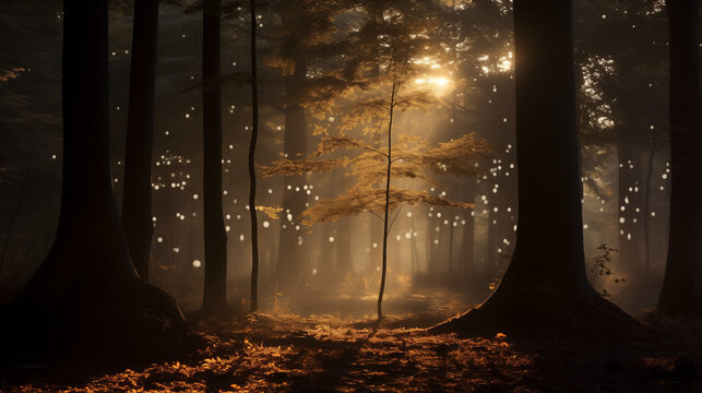 Une for&ecirc;t dense et myst&eacute;rieuse, avec des arbres touffus s'&eacute;levant vers le ciel, un tapis de feuilles mortes recouvrant le sol, et des rayons de lumi&egrave;re qui filtrent &agrave; travers le feuillage pour cr&eacute;er d