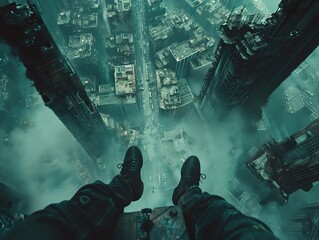 Craft a chilling scene of futuristic horror thrills from an aerial view, combining advanced technologies with unexpected camera angles in a digital photorealistic rendering