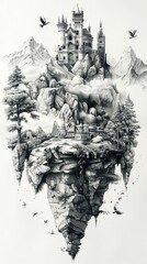 Bring to life a whimsical fantasy realm where floating islands meet historical flight achievements in a detailed pen and ink traditional art piece