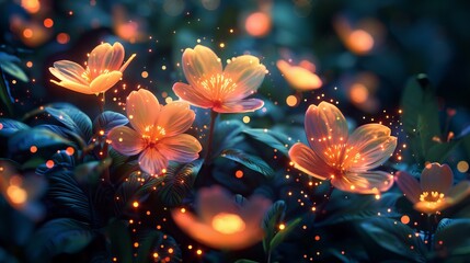 Glowing flowers in a dark forest with fireflies - obrazy, fototapety, plakaty