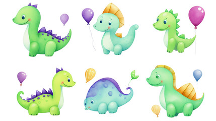 Naklejka premium Adorable baby dinosaurs in watercolor, perfect for nursery decor, featuring cute, playful designs, ideal for a baby shower, watercolor, cartoon, transparent