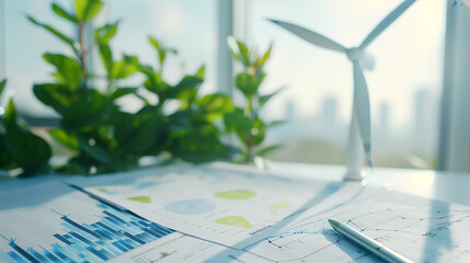 Financial charts detailing renewable energy investments spread out on a minimalist white desk. , natural light, soft shadows, with copy space - obrazy, fototapety, plakaty