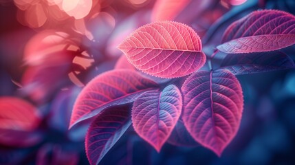 Pink leaves with blue veins and a blurred background.