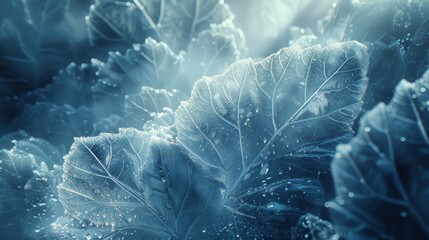 Close-up of frozen cabbage leaves with water droplets - obrazy, fototapety, plakaty