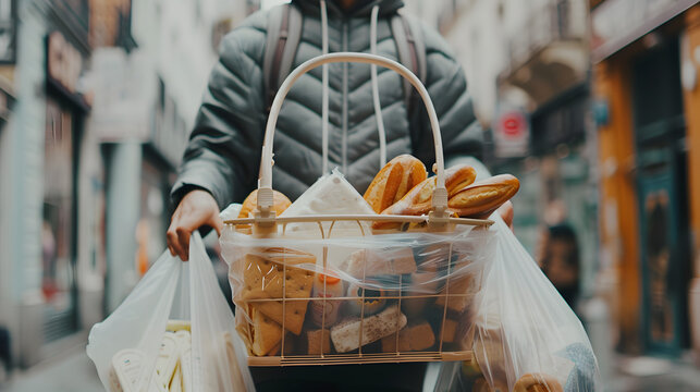A person grasping a basket filled with various bakery items. while dressed in sportswear with a hoodie and jogging pants