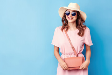 Young and stylish woman in fedora hat and sunglasses