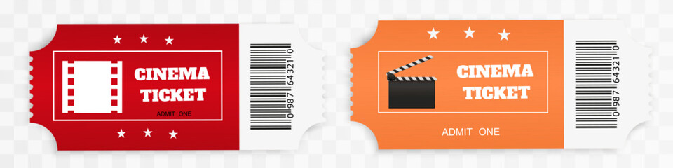 Tickets isolated on white background. Realistic front view. Color movie ticket. Vector illustration.
