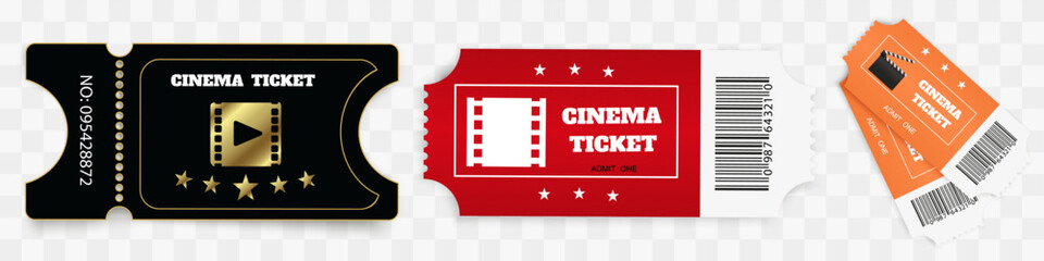Tickets isolated on white background. Realistic front view. Color movie ticket. Vector illustration.
