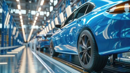 A blue car on the assembly line at a modern industrial plant.