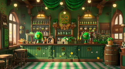 A playful St. Patricks Day-themed candy shop. decorated with shamrock decorations and green candies - obrazy, fototapety, plakaty