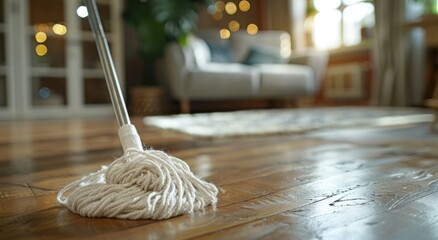 Cleaning of wooden floor with mop,