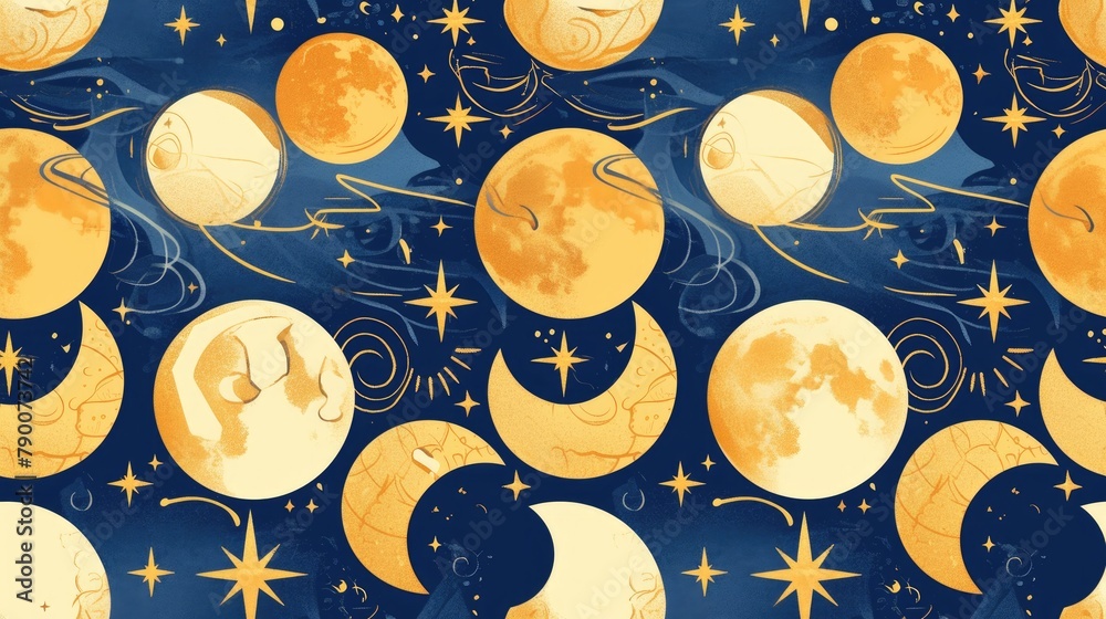 Canvas Prints a whimsical cartoon style 2d illustration of a cheese moon set against a pattern of moon phases on a