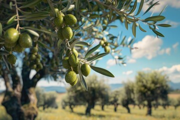 Green olives hanging from an olive tree.