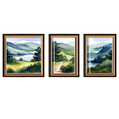 A series of framed watercolor landscapes Transparent Background Images 