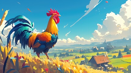 A vibrant rooster stands proudly against the picturesque backdrop of the landscape - obrazy, fototapety, plakaty