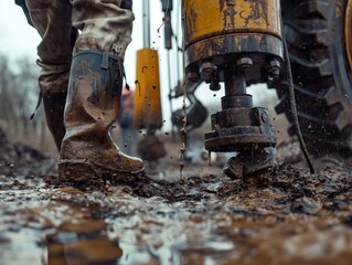 Muddy boots of a worker next to construction drilling equipment.