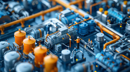 A very detailed image of a factory with many pipes and tanks. The image is very colorful and has many details. The scene is industrial and mechanical. Concept of a network of water or sanitation pipes - obrazy, fototapety, plakaty