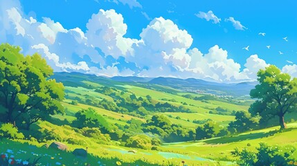 A vivid horizontal 2d illustration captures a cartoon landscape teeming with lush green trees bushes rolling hills and fluffy clouds against a backdrop of a spring and summer blend