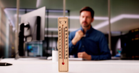 Thermometer In Front Of Businessman Working During Hot Weather - obrazy, fototapety, plakaty