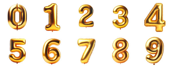 3D Render of Golden inflatable foil baloons set. Bright party decoration figures. Yellow numbers isolated on white background.
