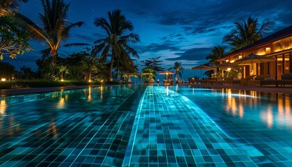 Tropical resort pool at dusk with palm trees. Relaxation and travel. Design for travel brochure