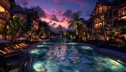 Fototapeta premium Tropical resort pool at dusk with palm trees. Relaxation and travel. Design for travel brochure