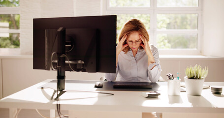Stressed Sick Employee Woman At Computer