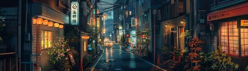 Japanese street scene at dusk illustration. Travel and culture concept design for posters,