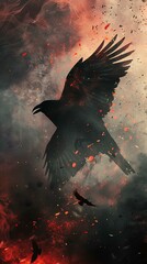 Fototapeta premium Artistic representation of a raven in fiery and smoky environment. Dark fantasy and mystery concept