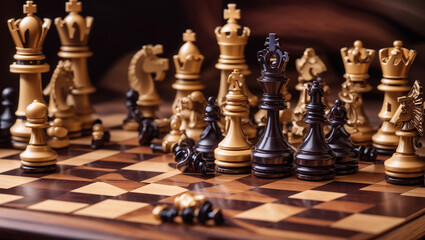 A chessboard with black and gold chess pieces.

