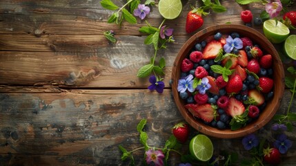 Obraz na płótnie Canvas Joyful Summer Picnic wooden table with Fresh Fruit Salad top view