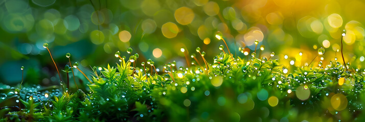 Obraz premium moss and grass macro photography with dew drops photorealistic