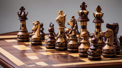 A chessboard with black and gold chess pieces.

