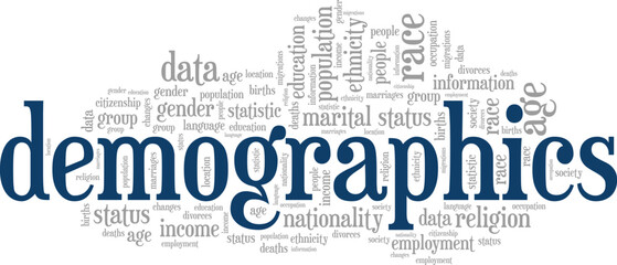Demographics word cloud conceptual design isolated on white background.