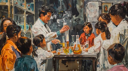 a science teacher conducting an experiment, with curious children gathered around the lab table - obrazy, fototapety, plakaty