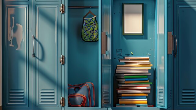 a school locker, door open to reveal neatly stacked books, a sports kit, and a hanging small whiteboard