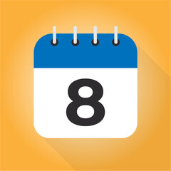 Calendar day 8. Number 8 on a white paper with blue border on orange background vector. 8th Day. - obrazy, fototapety, plakaty