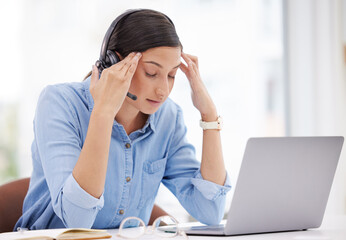 Woman, call centre and laptop in office with headache or stress, anxiety and frustrated from...