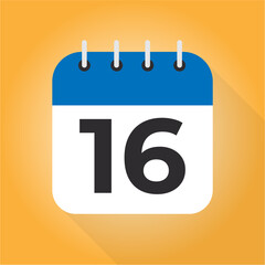 Calendar day 16. Number 16 on a white paper with blue border on orange background vector. 16th Day.
