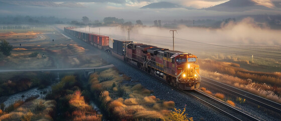 A freight train moves through misty landscape on a foggy day, creating an eerie atmosphere. - Powered by Adobe
