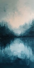A painting depicting a lake with tall trees in the background, set against a clear blue sky - obrazy, fototapety, plakaty