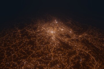 Aerial view on Roanoke (USA) from east. Top view on modern city at night from satellite