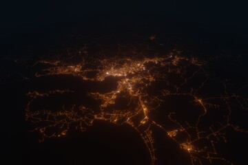 Aerial view on Hobart (Australia) from east. Satellite view on modern city at night