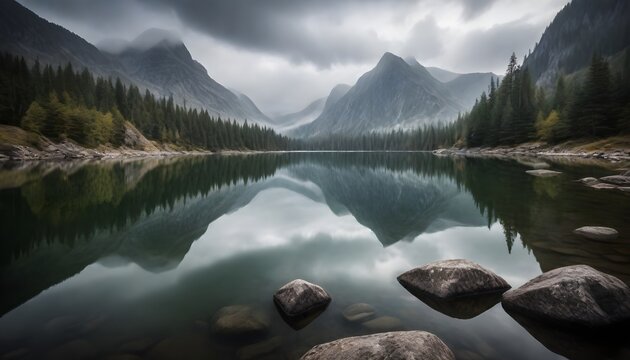 Tranquil mountain lake under a cloudy sky