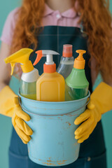 A red-haired girl cleaner in an apron and gloves with a bucket of cleaning products. Housecleaning with detergents, cleaning supplies.