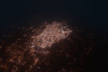 Aerial view on Leon (Mexico) from east. Top view on modern city at night from satellite